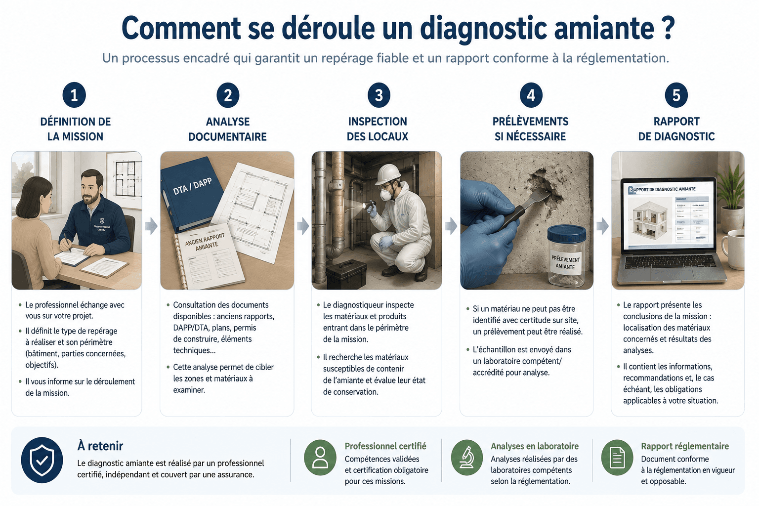 Étapes d'un diagnostic amiante : définition de la mission, documents, inspection, prélèvement éventuel et rapport