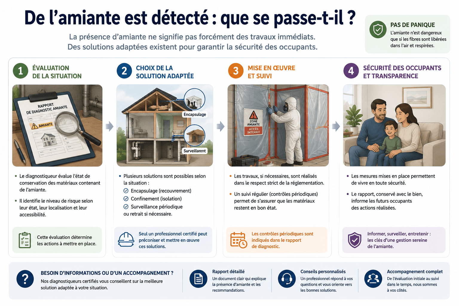 Que faire lorsque de l'amiante est détecté : évaluation, surveillance, protection et travaux adaptés