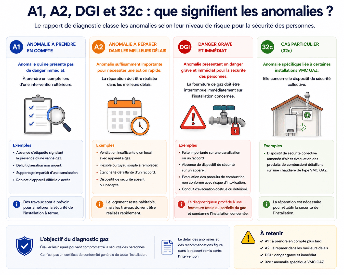 A1, A2, DGI et 32c : les 4 catégories d'anomalies du rapport de diagnostic gaz (EIIG)