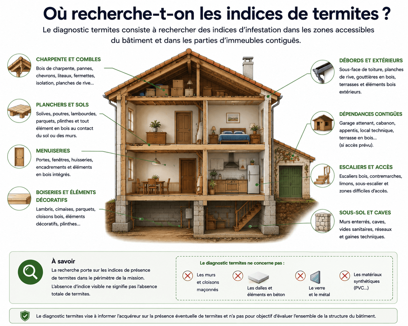 Zones d'un logement où sont recherchés des indices de termites lors du diagnostic