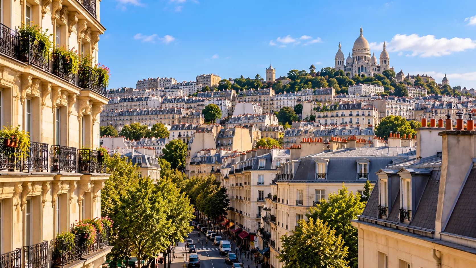 Vue urbaine de Montmartre avec immeubles anciens et relief caractéristique du 18e arrondissement