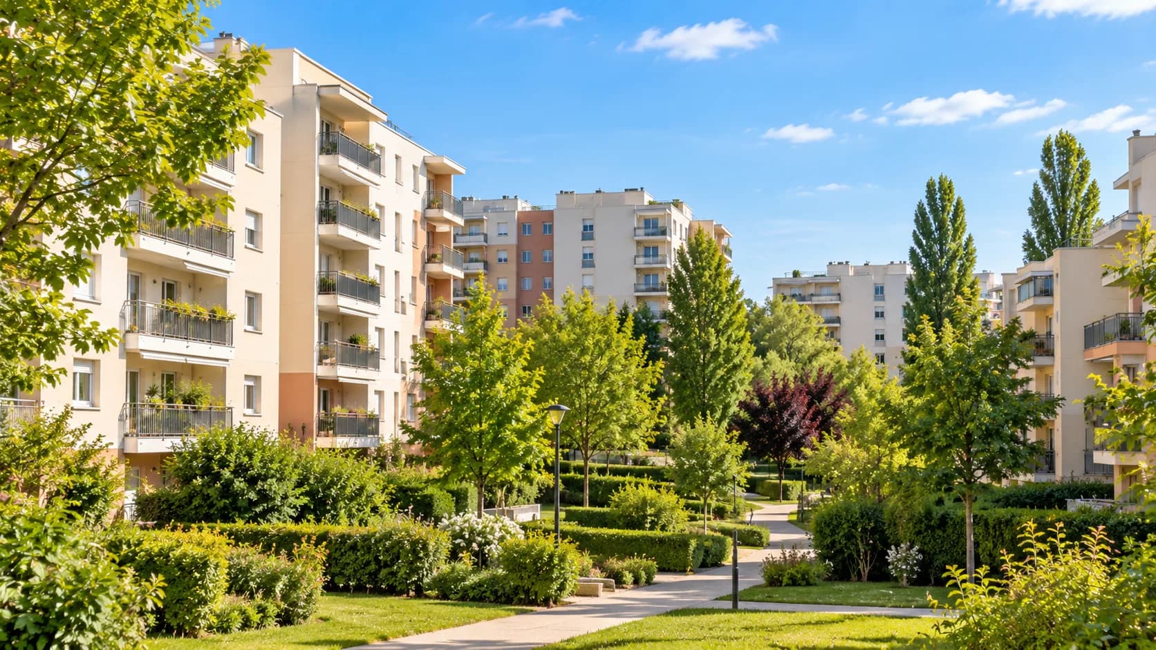 Cour résidentielle verdoyante d'une copropriété à Torcy