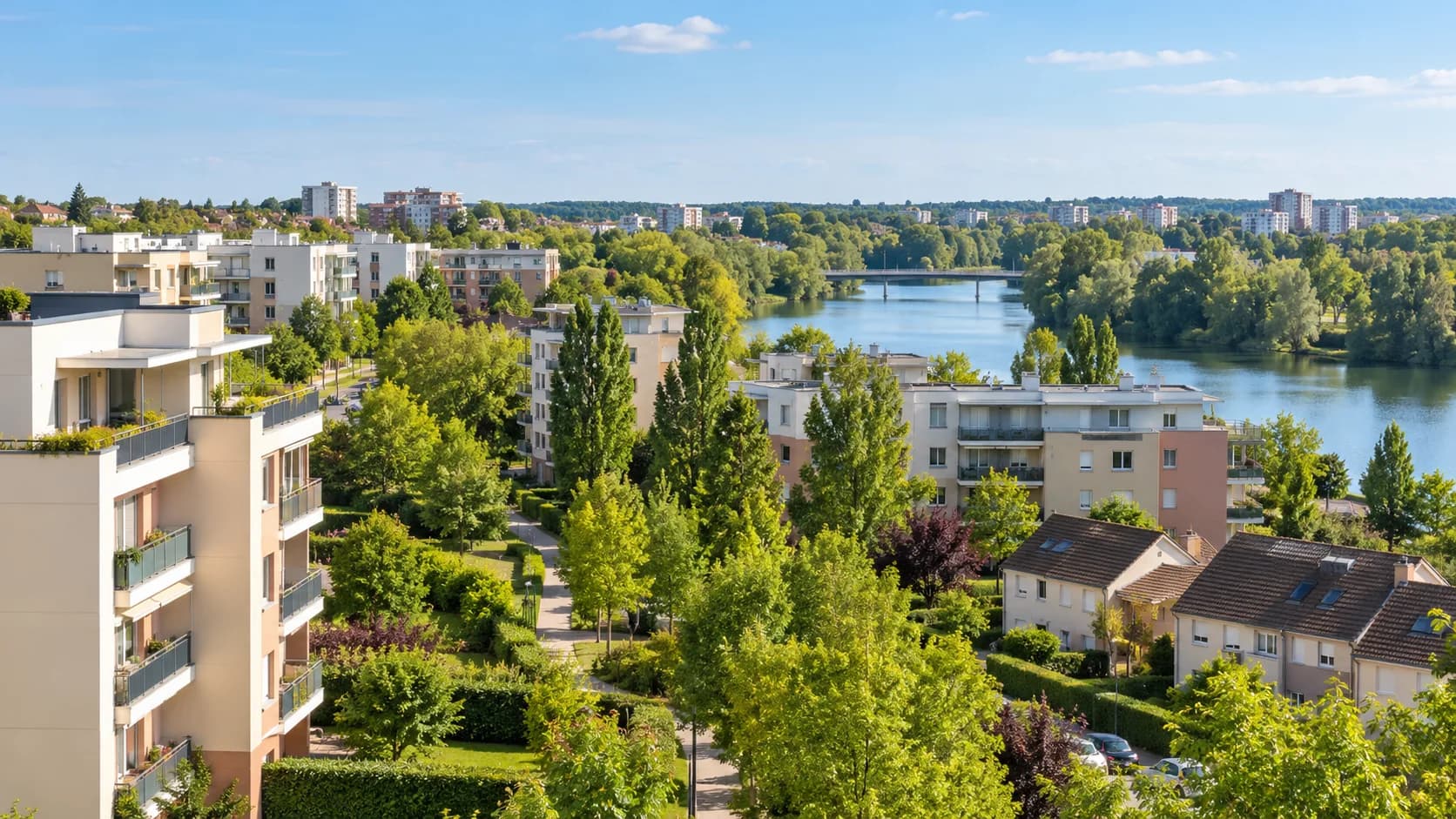 Vue du parc immobilier de Torcy, ville nouvelle de Marne-la-Vallée