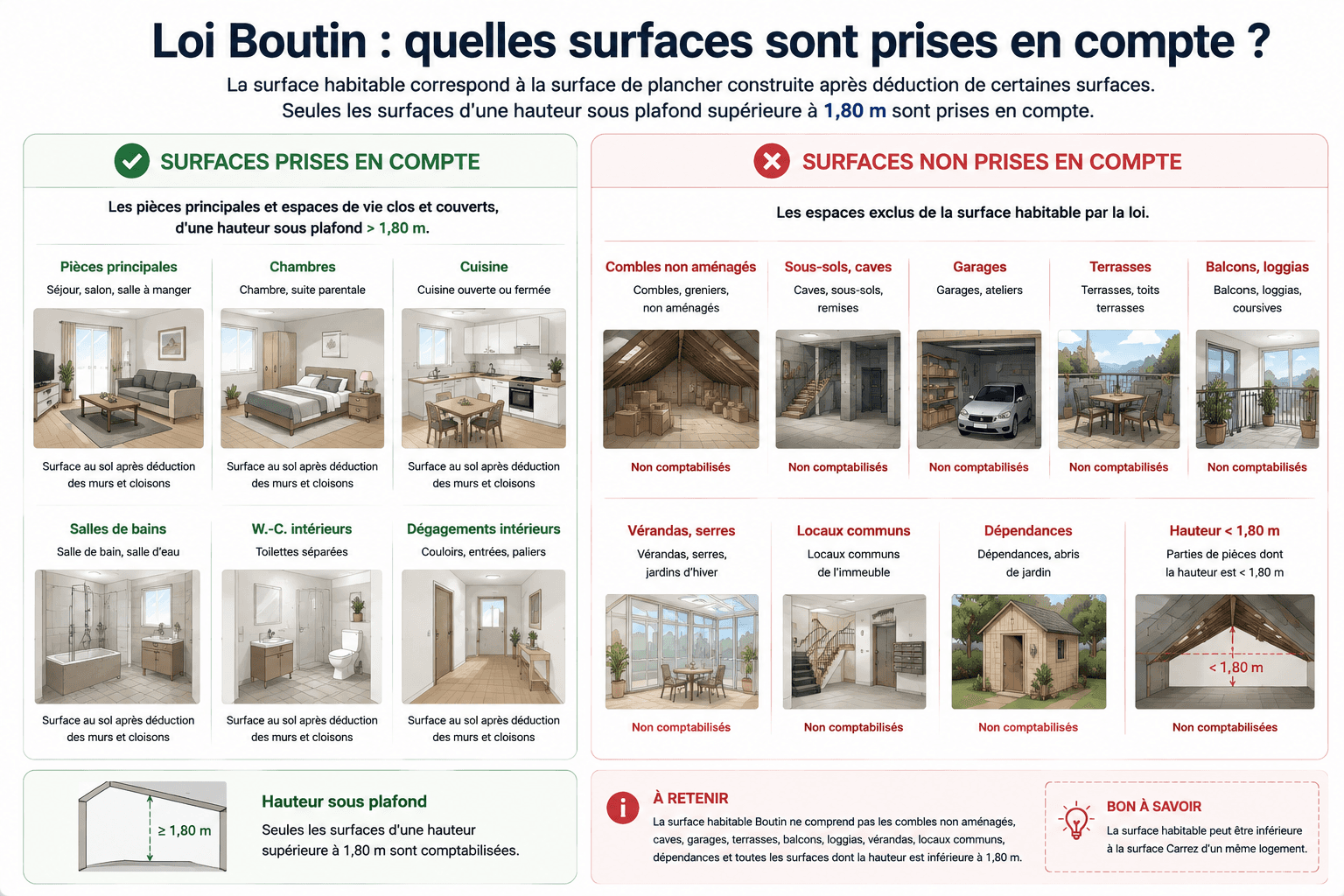Schéma de calcul de la surface habitable loi Boutin : surface de plancher moins déductions