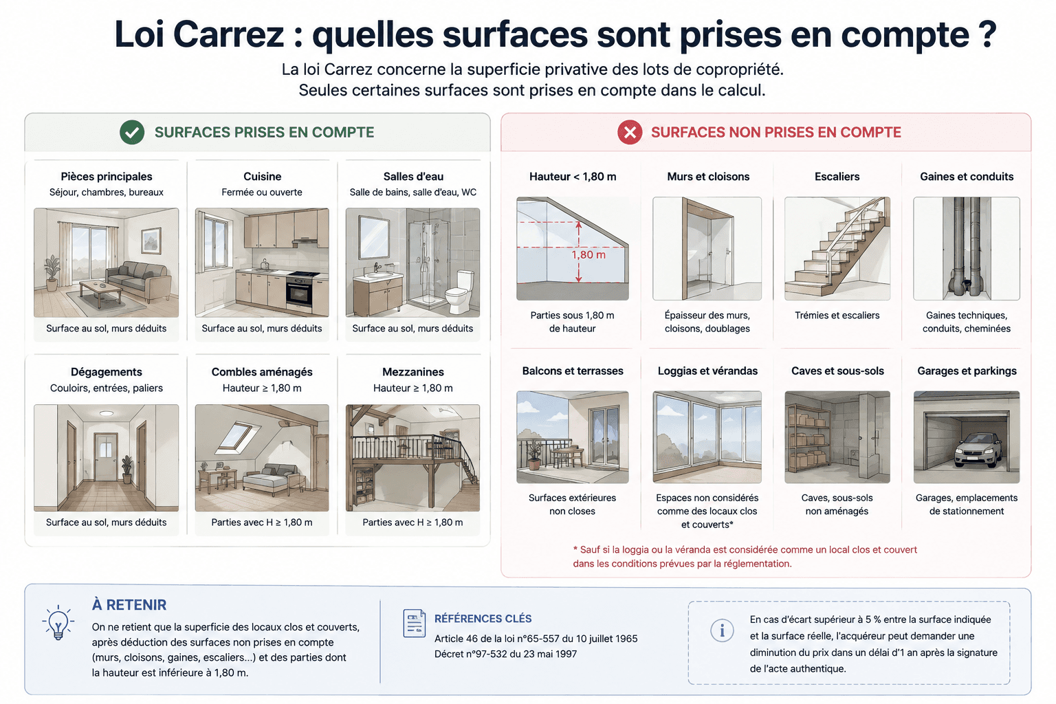 Surfaces prises en compte et exclues du calcul loi Carrez